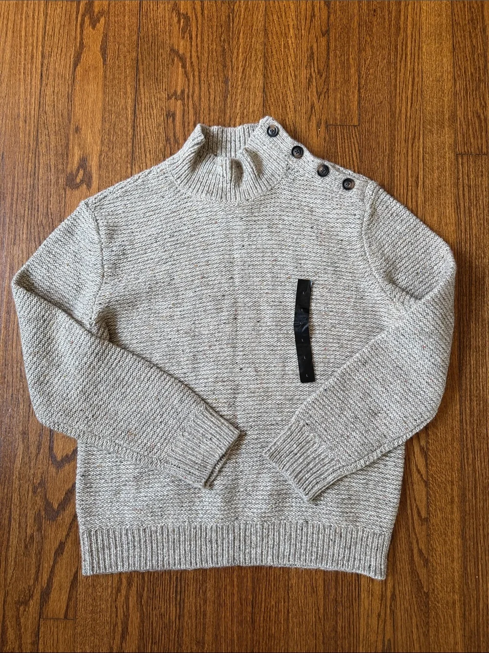 NWT Banana Republic Tweed Mock Neck Shoulder Button Sweater Large Beige Fleck